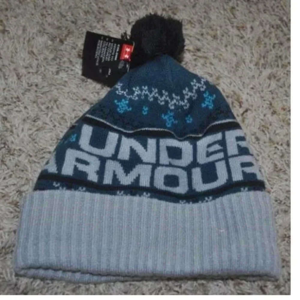 Under Armour Winter Hat Blue Retro Pom Pom Beanie Cuffed Knit OS Teen Adult